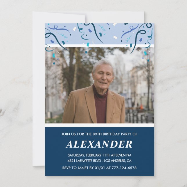 Invitation Homme photo bleu marine moderne 89e anniversaire (Devant)