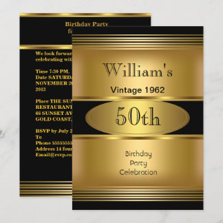 Invitation Hommes 50e anniversaire de fête Gold Black Vintage