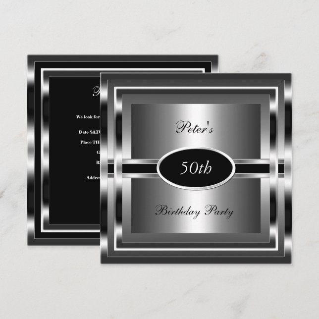 Invitation Hommes 50e fête d'anniversaire Black Silver (Devant / Derrière)