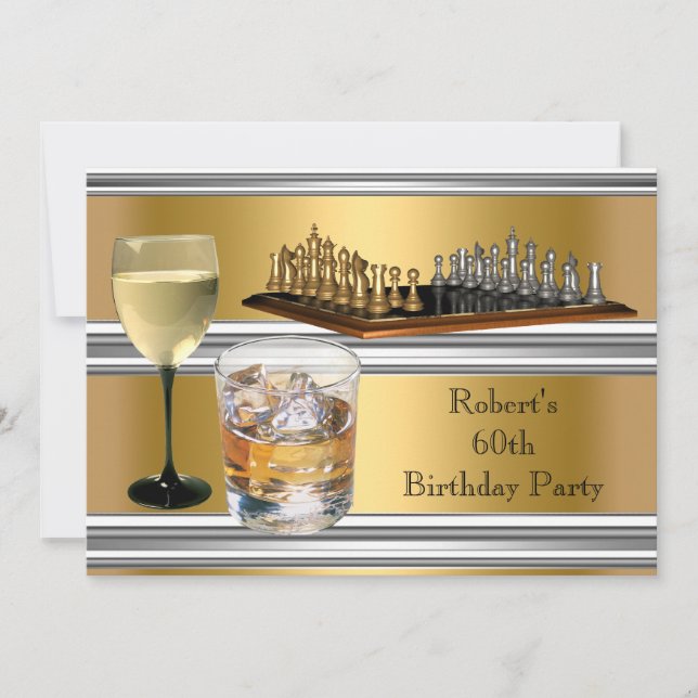 Invitation Hommes 60e anniversaire jeu d'échecs Boissons Gold (Devant)