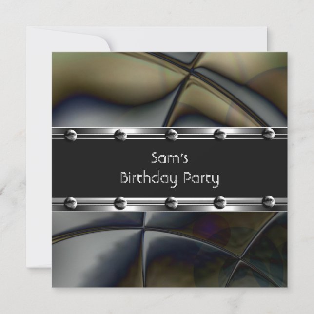 Invitation Hommes Anniversaire Fête Argent Métal Noir Mans (Devant)