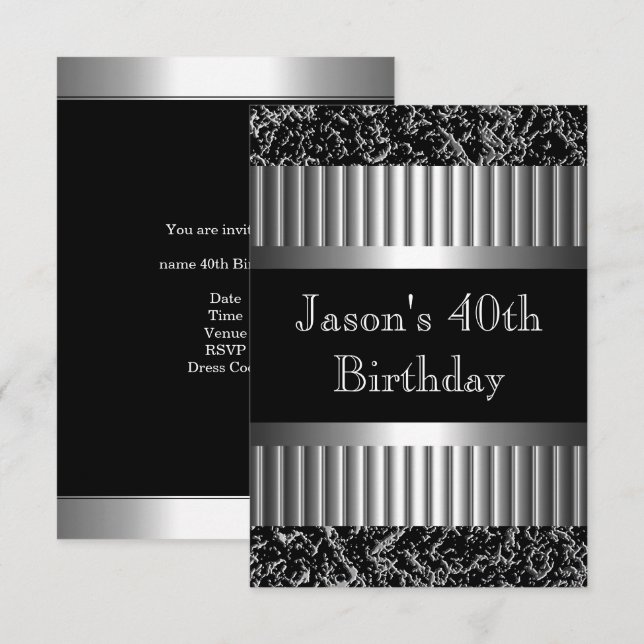 Invitation Hommes Anniversaire Fête Metal Chrome Look Images (Devant / Derrière)