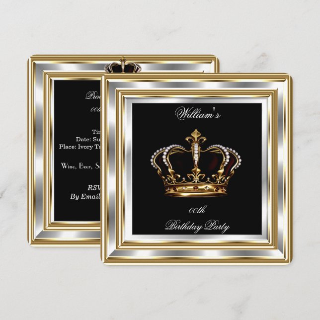 Invitation Hommes Black Gold Argent Anniversaire Prince King  (Devant / Derrière)