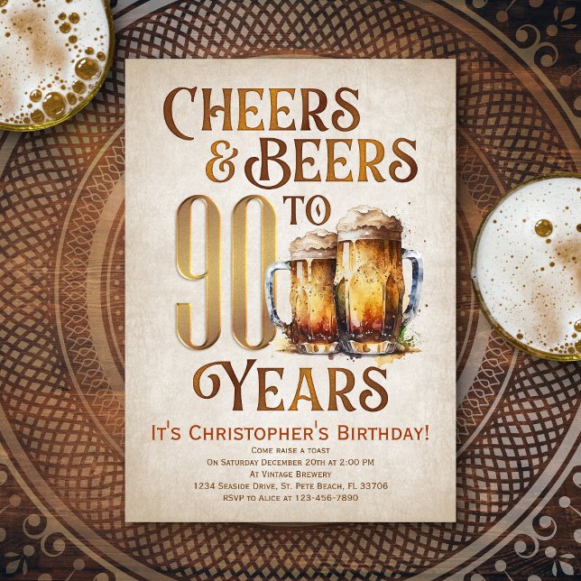 Invitation Hommes Cheers & Beers Funny 90e anniversaire (Créateur téléchargé)