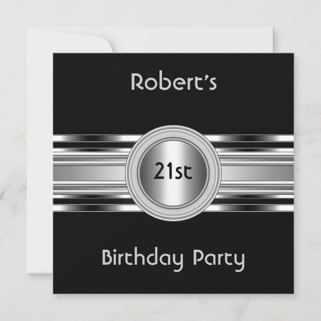 Invitation Hommes Elégant 21e anniversaire fête Black Silver (Devant)