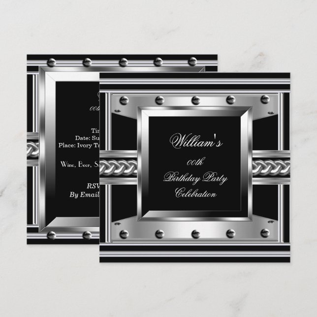 Invitation Hommes Noir Argent Fête Anniversaire Métal Studs L (Devant / Derrière)