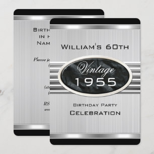 Invitation Hommes Vintage 60ème Argent Metal Noir Anniversair