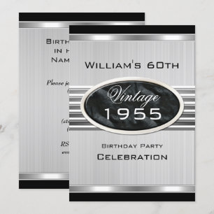 Invitation Hommes Vintage 60ème Argent Metal Noir Anniversair