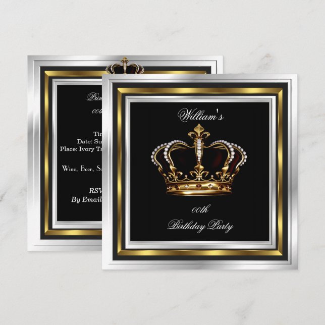 Invitation Hommes's Elegant Black Silver Birthday Crown (Devant / Derrière)