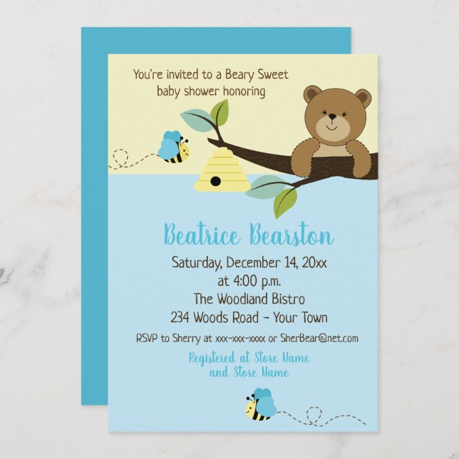 Invitation Honey Bear et Boy Bumble Bee Baby shower Invitatio (Devant / Derrière)