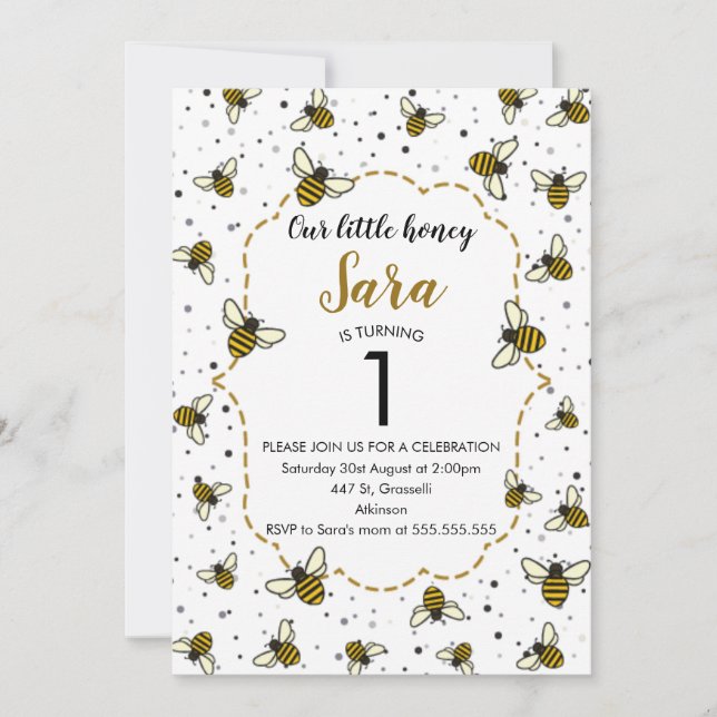 Invitation Honey Bee 1ère fête d'anniversaire (Devant)
