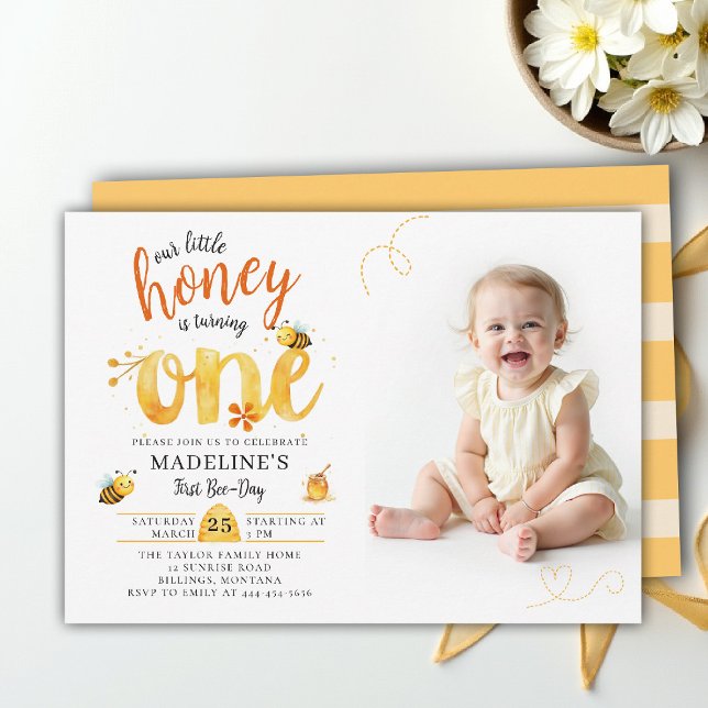 Invitation Honey Bee Heart Whimsical Cute Photo 1st Birthday (little honey bee one first birthday photo invitation wildflowers watercolor summer whimsical heart)