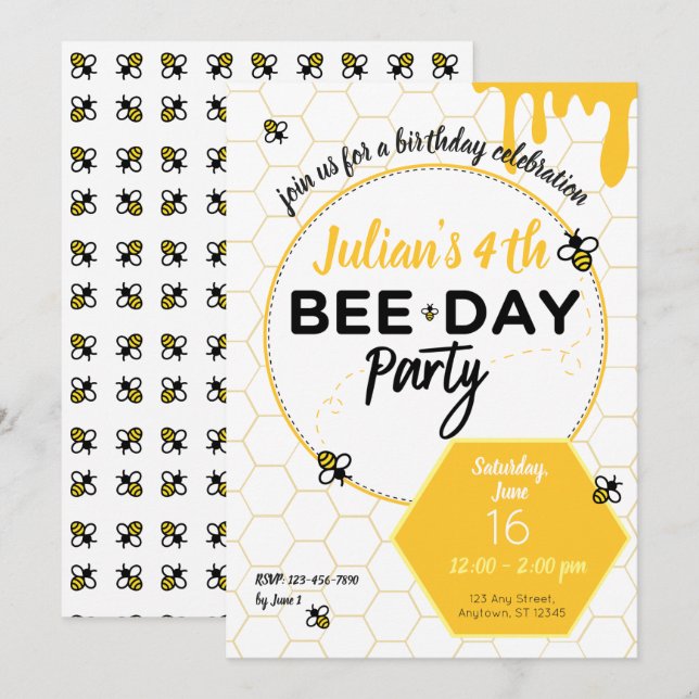 Invitation Honey Bee, Little Bee, Bee Day Birthday Party (Devant / Derrière)