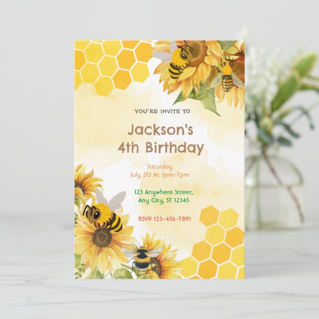 Invitation Honey Comb Bees fête d'anniversaire (Debout devant)