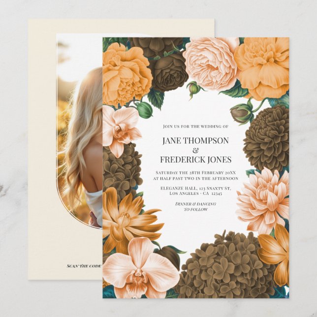 Invitation Honey Rose, Apricot Fleur & Toffee Bloom Wedding (Devant / Derrière)