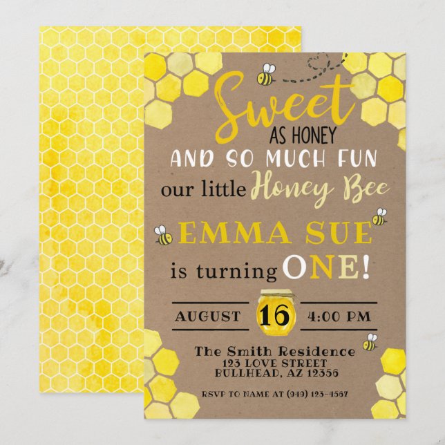 Invitation Honeypeb Bumble Bee 1er anniversaire (Devant / Derrière)