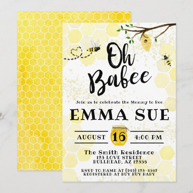 Invitation Honeypeb Bumble Bee Mommy to Bee Baby shower (Devant / Derrière)