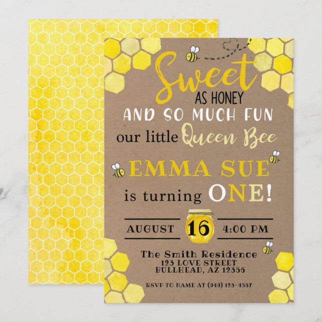 Invitation Honeypeb Queen Bee 1er anniversaire (Devant / Derrière)