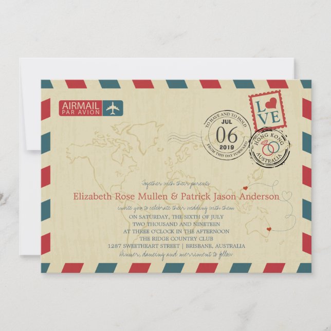 Invitation Hong Kong / Australie Antique Airmail | Mariage (Devant)