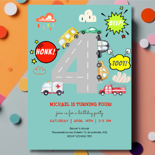 Invitation Honneur bip toot véhicules avant anniversaire garç