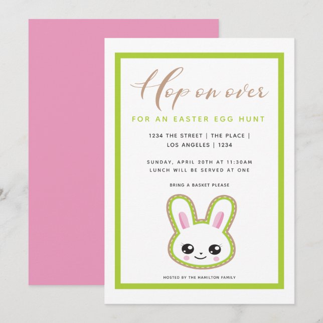 Invitation Hop On Over Easter Egg Hunt Bunny Personnalisé (Devant / Derrière)