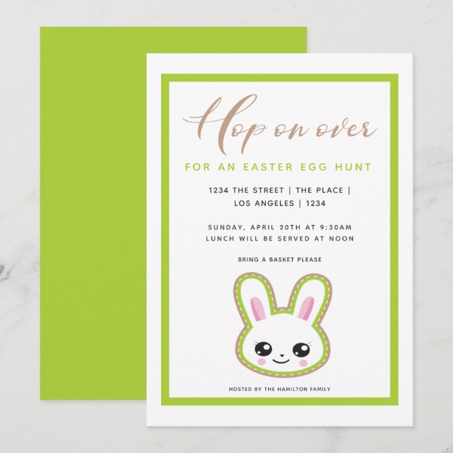 Invitation Hop On Over Easter Egg Hunt Bunny Personnalisé (Devant / Derrière)
