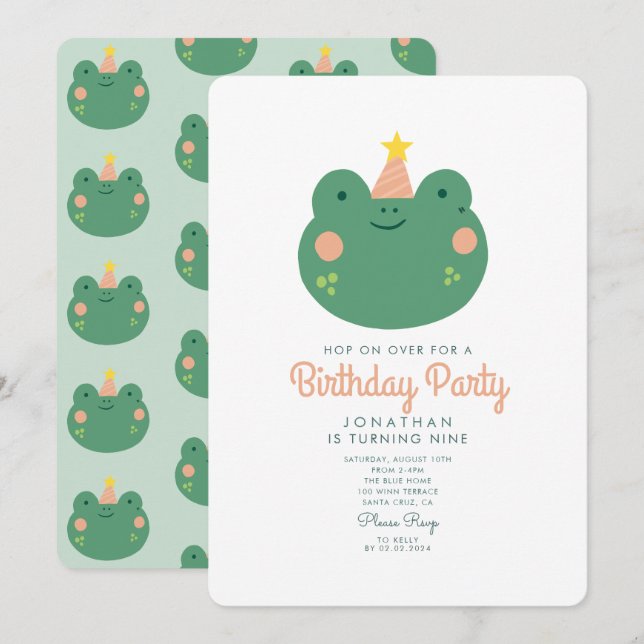 Invitation Hop on over Frog fête d'anniversaire (Devant / Derrière)