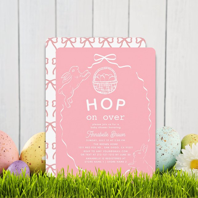 Invitation Hop on Over Pink Bow Girl Bunny Baby Shower (Créateur téléchargé)