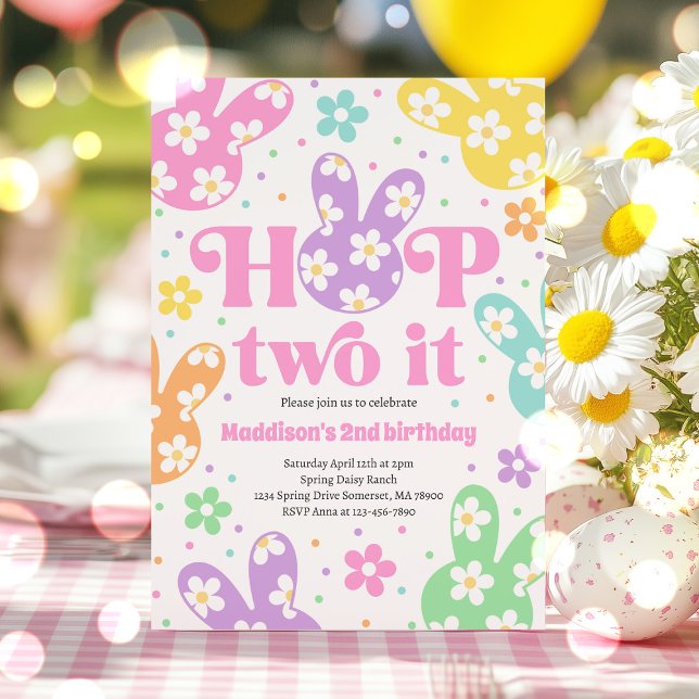 Invitation Hop Two It Bunny 2e anniversaire Pastel Daisy Flor (Créateur téléchargé)
