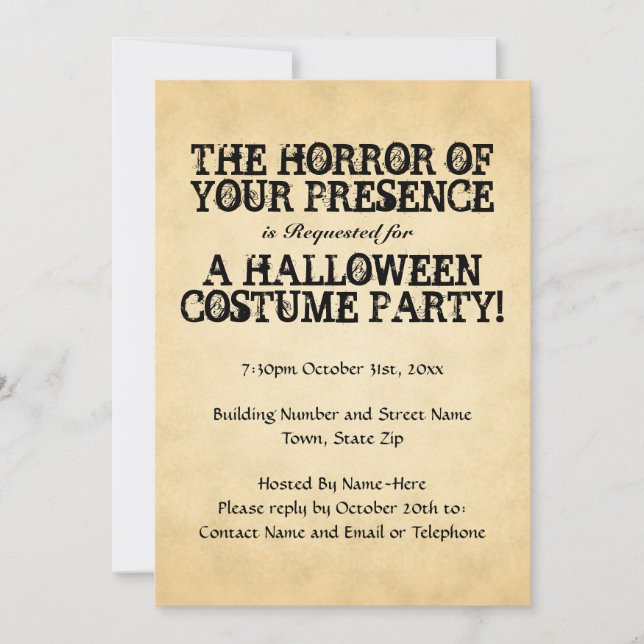 Invitation Horreur de ta présence. Fête d'Halloween. (Devant)