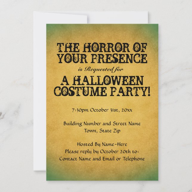 Invitation Horreur de ta présence. Fête d'Halloween. (Devant)