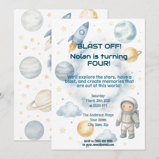Invitation Hors de ce monde cosmique | Space Party - Annivers (Devant / Derrière)