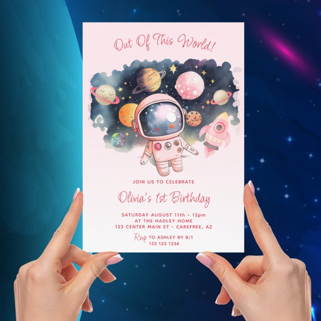 Invitation Hors de ce monde rose 1er anniversaire (Créateur téléchargé)
