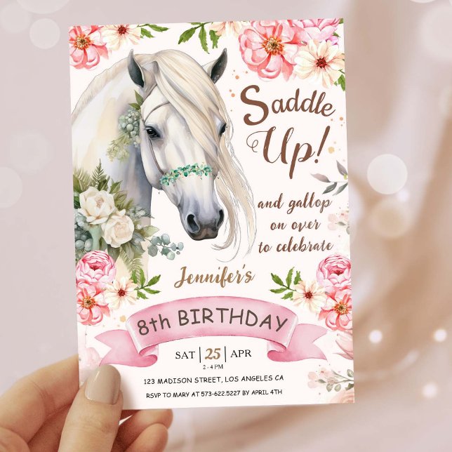 Invitation Horse Anniversaire Filles Rose 8e Anniversaire (Créateur téléchargé)