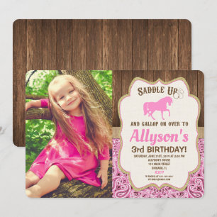 Invitation Horse fille anniversaire rose or rose photo rustiq