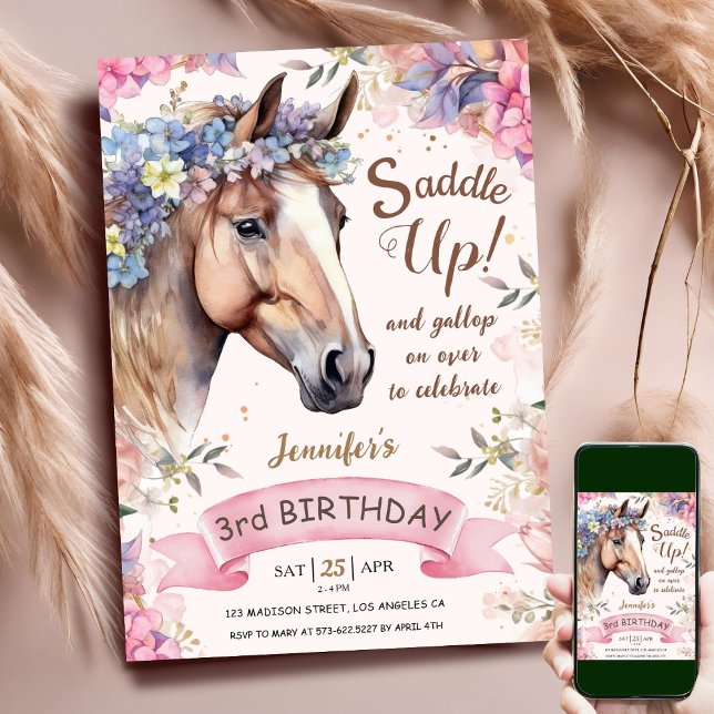 Invitation Horse Girl 3e anniversaire Fleurs roses selle up (Créateur téléchargé)
