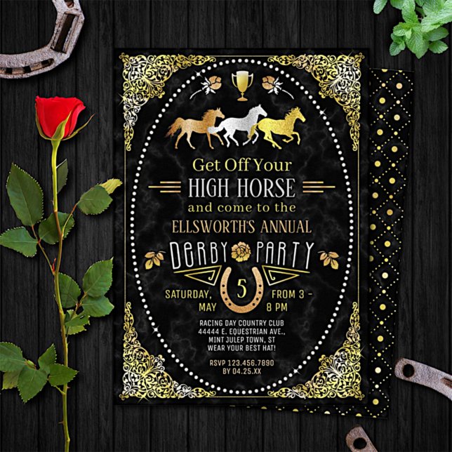 Invitation Horse Racing Derby Day Party Art Déco Black Gold (Créateur téléchargé)