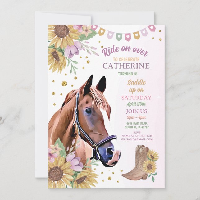 Invitation Horse Riding Party Pony Sunflower Girl'anniversair (Devant)