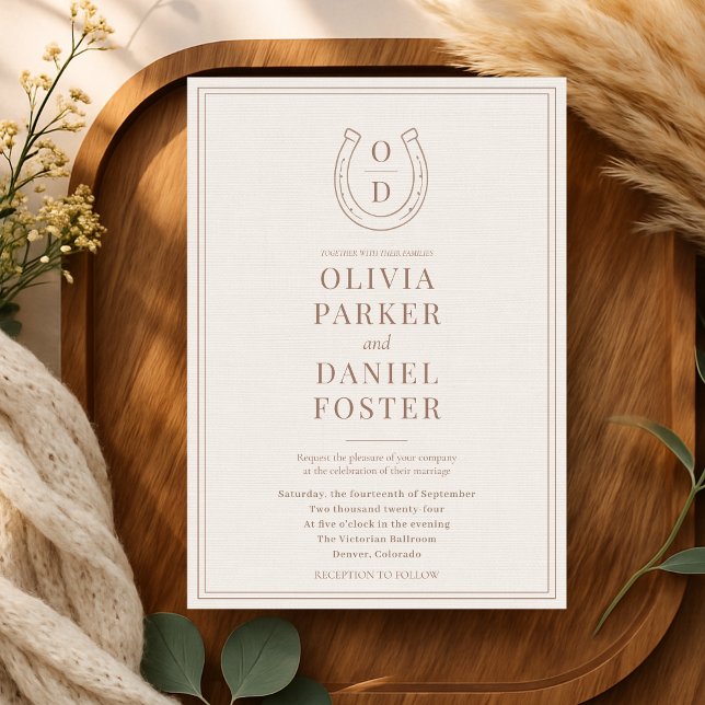 Invitation Horseshoe Western Country Brown Monogram Wedding (Créateur téléchargé)