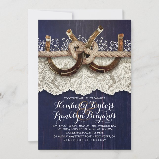 Invitation Horseshoes Lace Wood Navy Rustic Mariage (Devant)