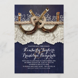 Invitation Horseshoes Lace Wood Navy Rustic Mariage