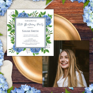 Invitation Hortensias Bleus Clair Photo Fête d'anniversaire 1