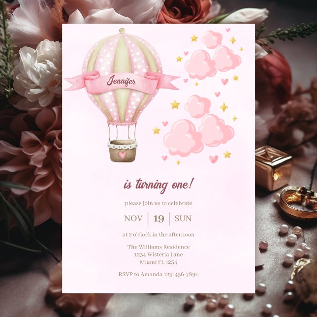 Invitation Hot Air Ballon Girl rose nuageux 1er anniversaire  (Créateur téléchargé)