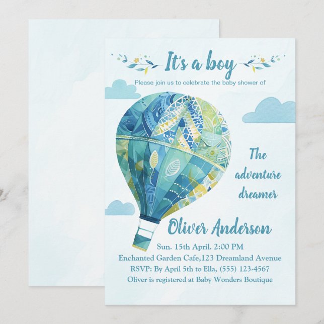 Invitation Hot Air Balloon C'est un garçon Baby shower Invita (Devant / Derrière)
