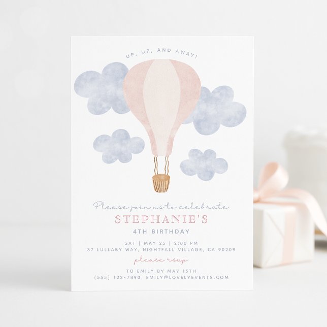 Invitation Hot Air Balloon rose Aquarelle Bébé Fille Annivers (Créateur téléchargé)