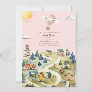 Invitation Hot Air Balloon Village Baby shower fille rose