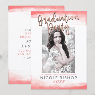 Invitation Hot Coral Modern Rose Gold Graduation Party Photo