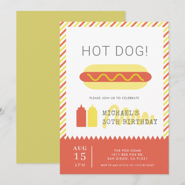 Invitation HOT DOG! Jour d'anniversaire moderne rouge et jaun (Devant / Derrière)