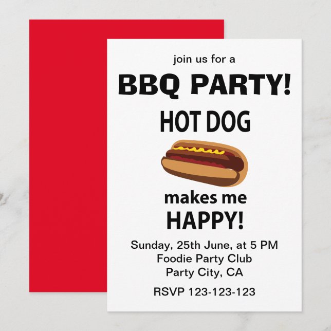 Invitation Hot Dog Me Rend Heureux Hot Dog BBQ Party (Devant / Derrière)