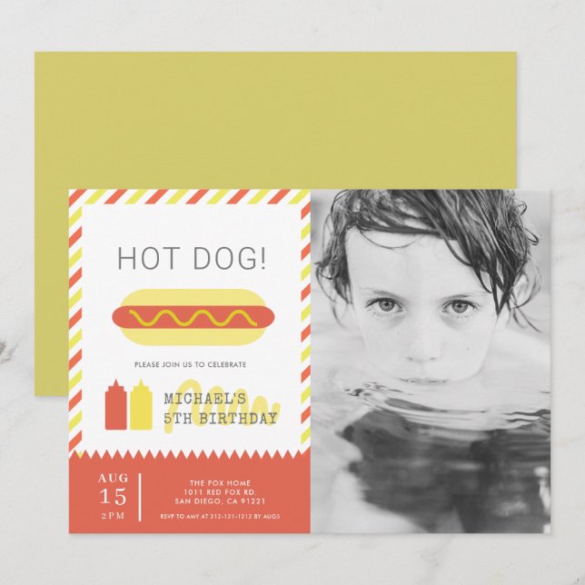 Invitation HOT DOG! Photo moderne Red & Yellow Kids Anniversa (Devant / Derrière)